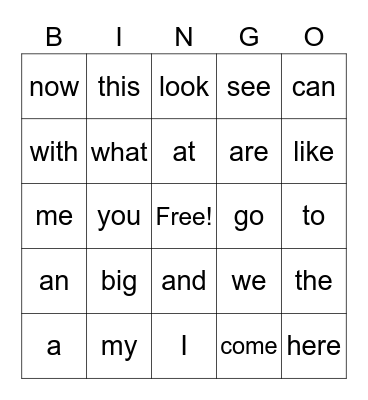 Sight Words 1 Bingo Card