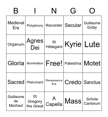 Sacred Music Bingo Card