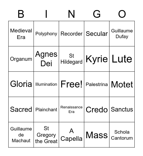 Sacred Music Bingo Card