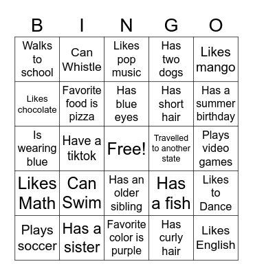 Getting to know you! Bingo Card