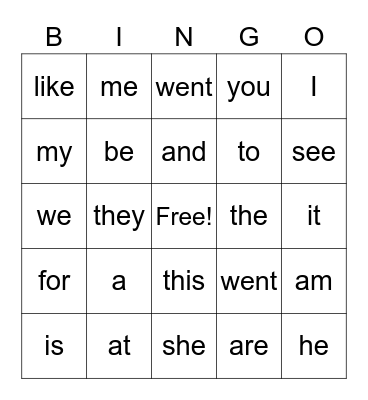 Sight Words Bingo Card
