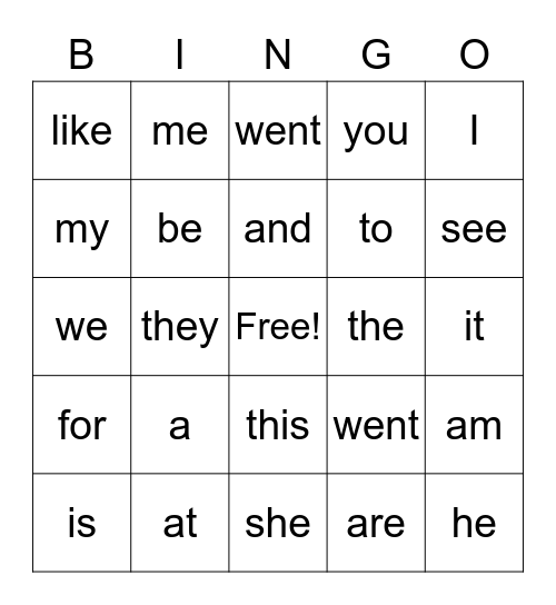 Sight Words Bingo Card