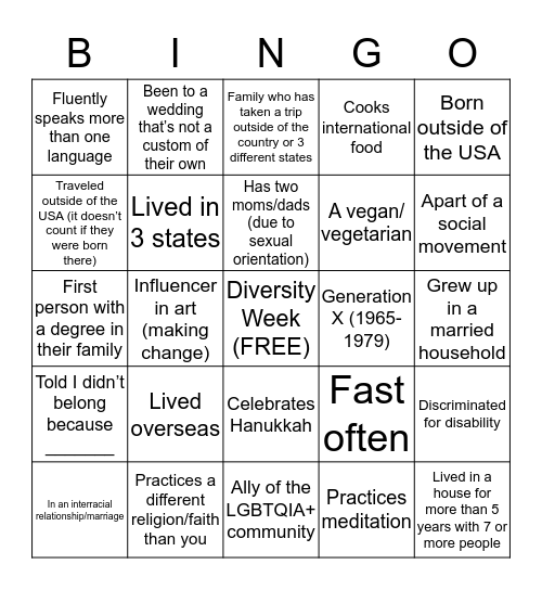 Diversity  Bingo Card