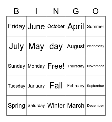 days months seasons Bingo Card