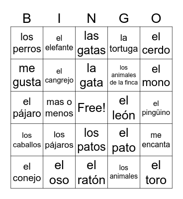 Spanish Animals  Bingo Card