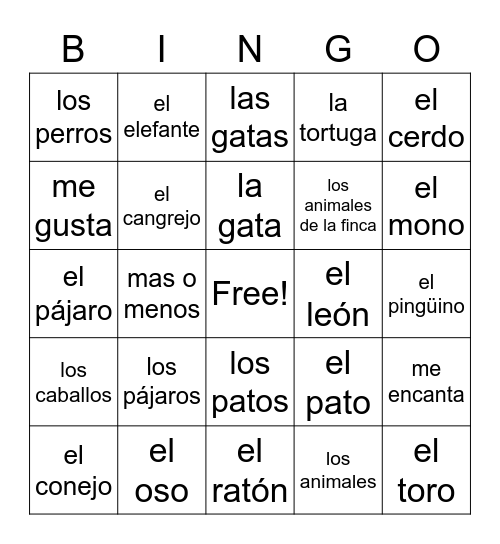 Spanish Animals  Bingo Card