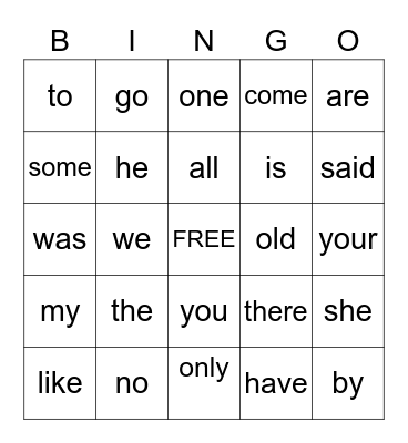 Heart Words Bingo Card