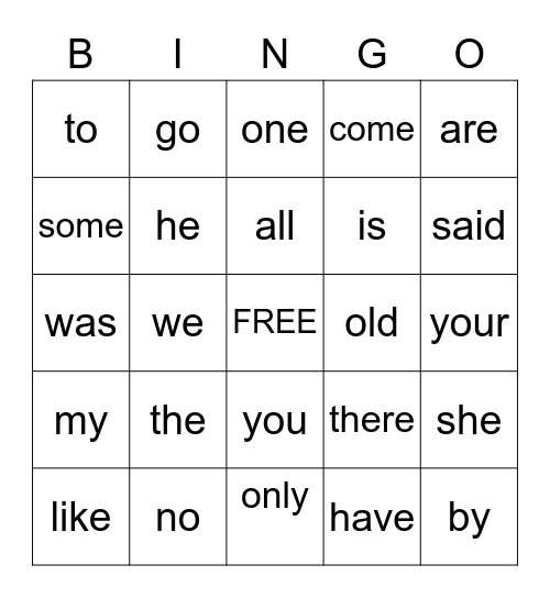 Heart Words Bingo Card