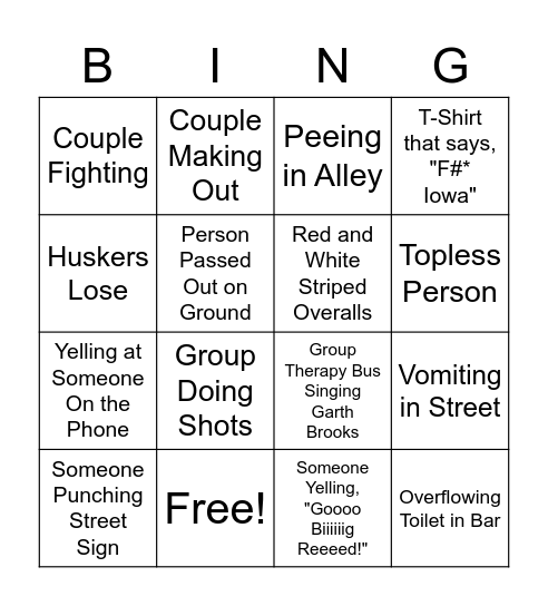 Husker Gameday Bingo Card