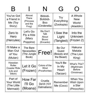 Disney BINGO Card