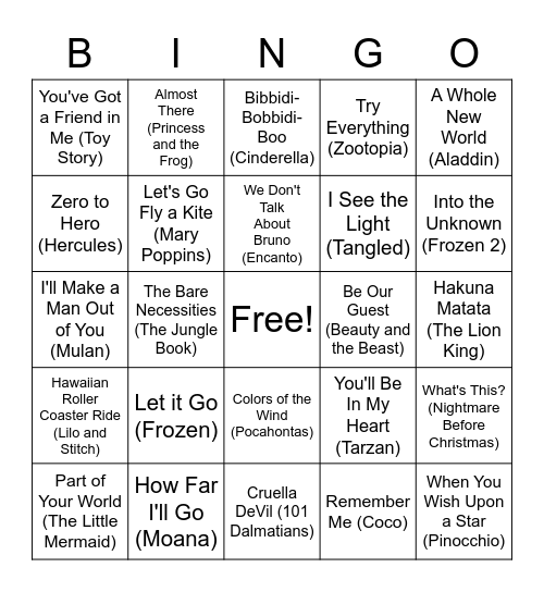 Disney BINGO Card