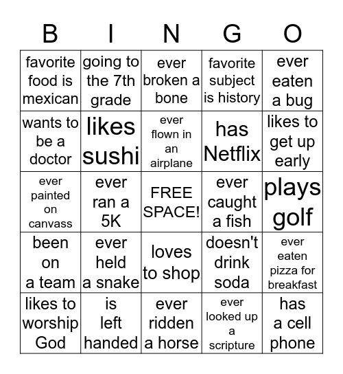 Pursuit Jr. Youth Bingo Card