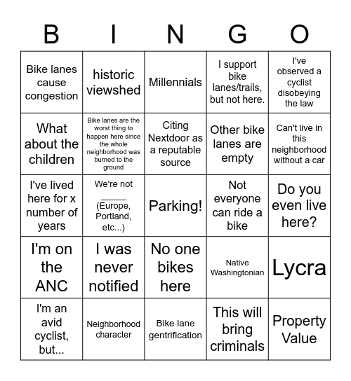 DC Bike Nimby Bingo Card