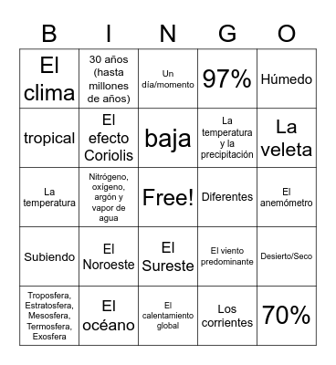 El Tiempo y El Clima Bingo Card