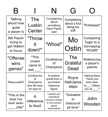 UCLA Bill Walton Bingo Card