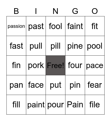 Minimal Pair P And F Bingo Card