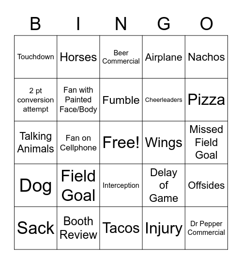 Super Bowl Bingo Card