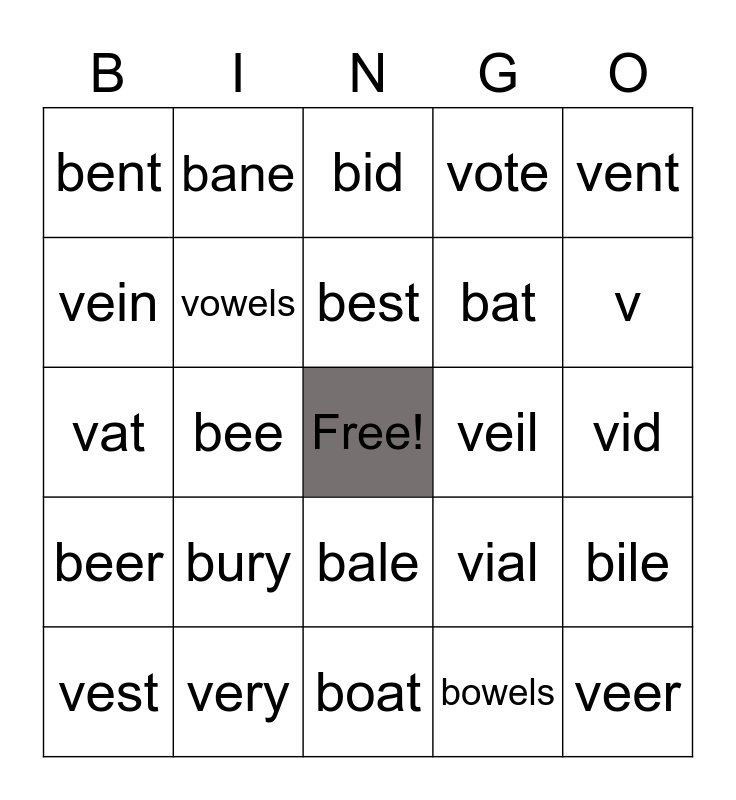 Minimal Pair B And V Bingo Card