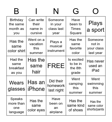 Classmate BINGO Card