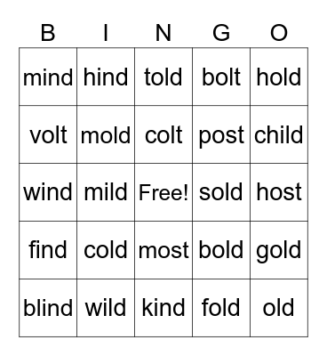 Closed Syllable Exceptions Bingo Card