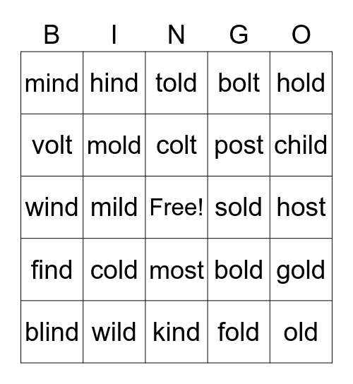 Closed Syllable Exceptions Bingo Card