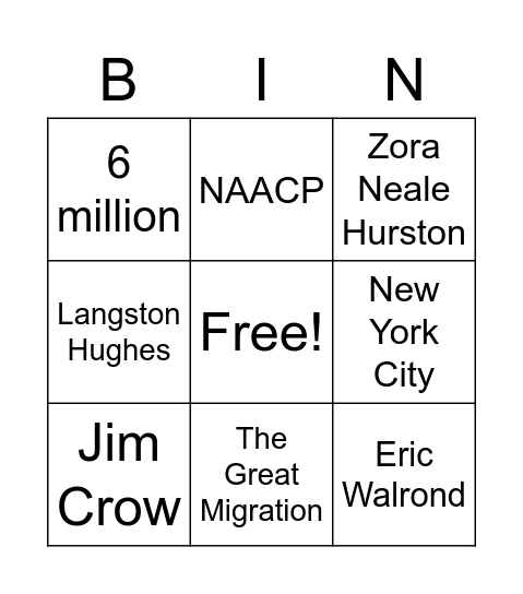 Harlem Renaissance Bingo Card