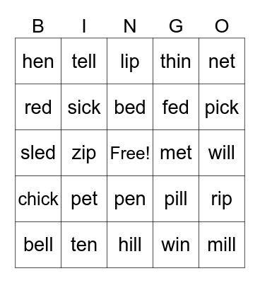 Short e/i Bingo Card