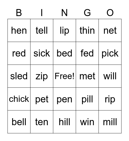 Short e/i Bingo Card