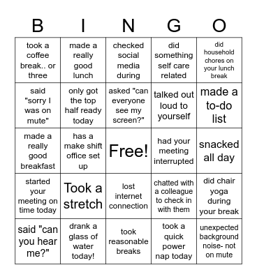 Remote 'Working from home' Bingo Card