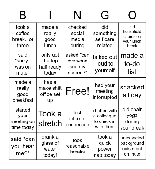 Remote 'Working from home' Bingo Card