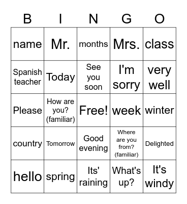 Preliminary lesson. CCHS Bingo Card