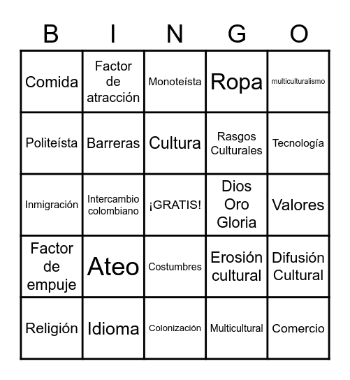 Bingo Cultural Bingo Card