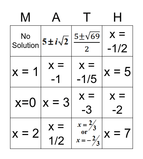 Rational Equations Bingo Card