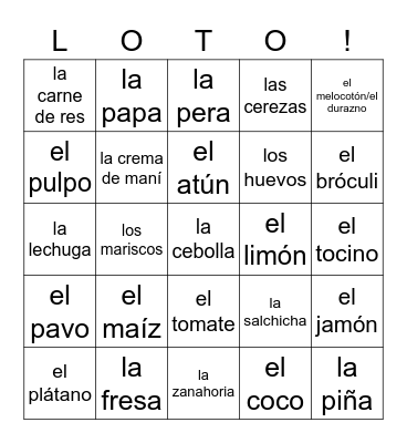 las frutas y verduras y la proteína Bingo Card