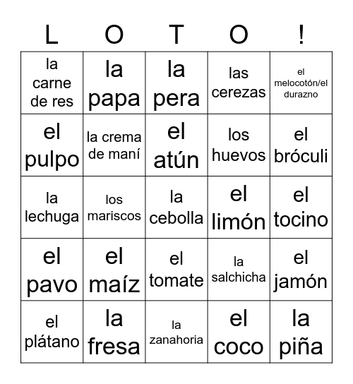 las frutas y verduras y la proteína Bingo Card