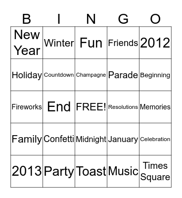 NEW YEARS BINGO  Bingo Card