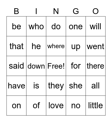 Sight Words 2 Bingo Card