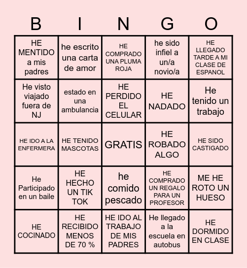 NUNCA HE..... Bingo Card