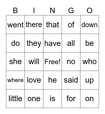 Sight Words 2 Bingo Card
