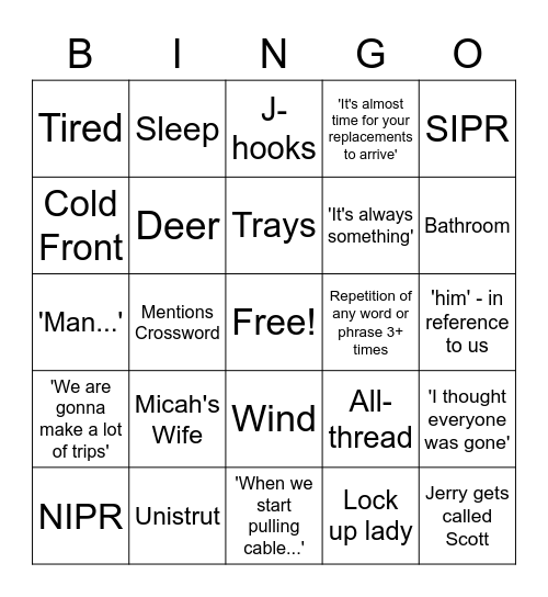 Jerry's Escort Bingo Card