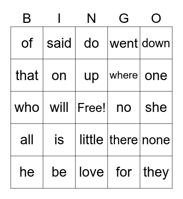 Sight Words 2 Bingo Card