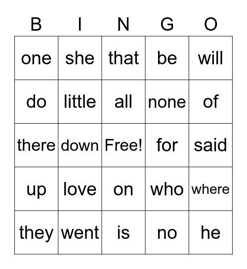Sight Words 2 Bingo Card
