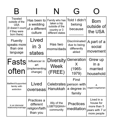 DIVERSITY Bingo Card