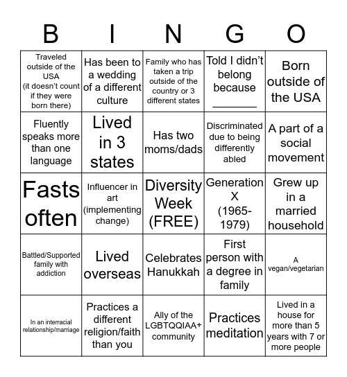 DIVERSITY Bingo Card