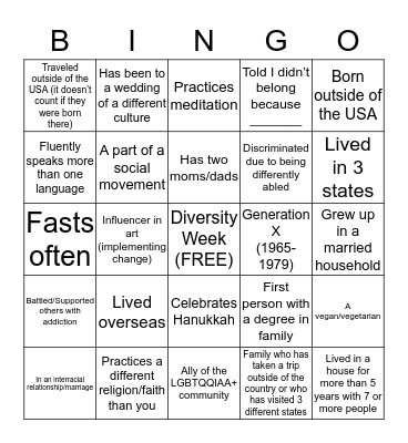 DIVERSITY Bingo Card