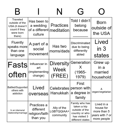 DIVERSITY Bingo Card