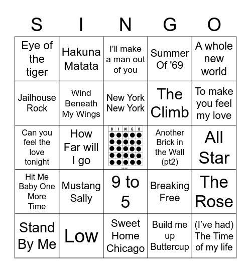 JukeBox Bingo Karaoke Bingo Card