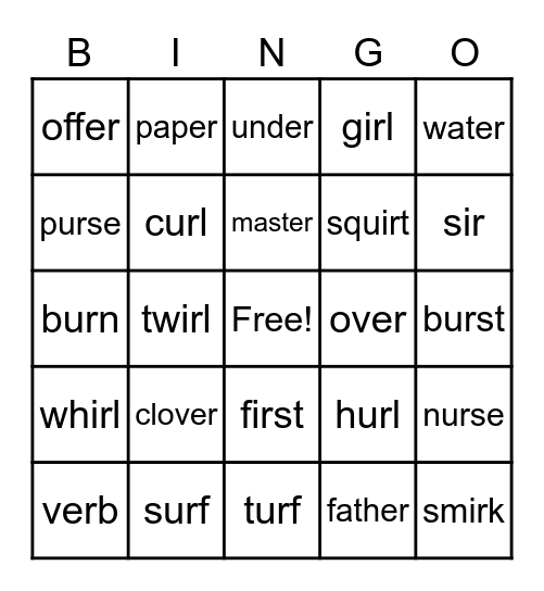 Letter Sounds -er, -ir, -ur Bingo Card