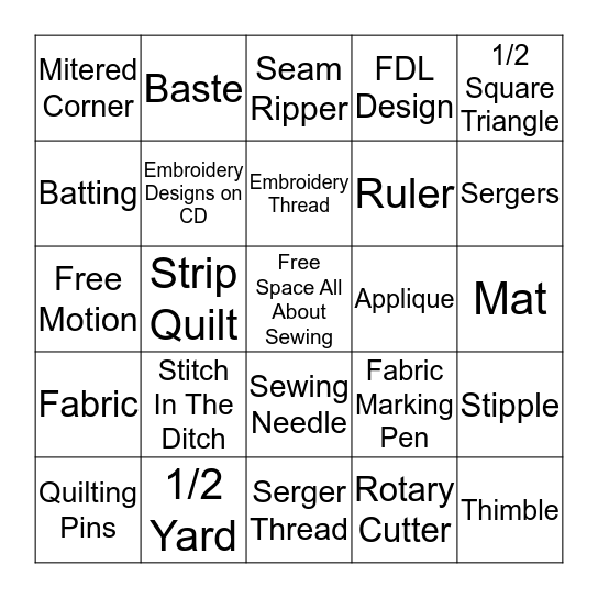 All About Sewing   Embroidery / Quilt Bingo Card