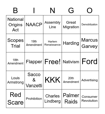 1920s Bingo Card